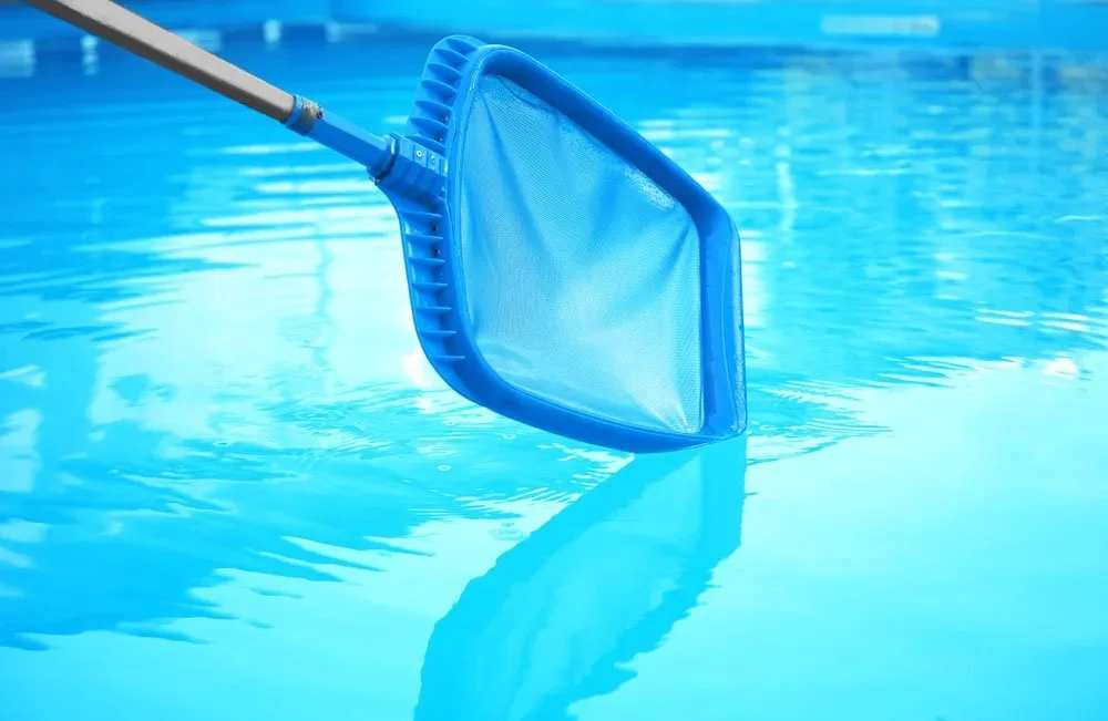 A blue pool net skimming the surface of a swimming pool.