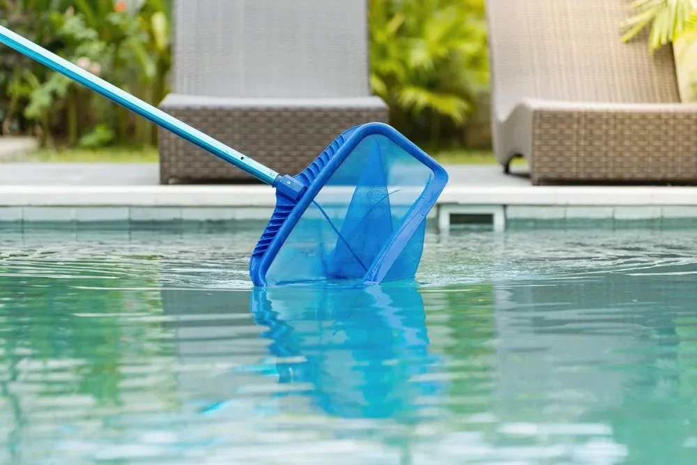 Blue pool skimmer net partially submerged in a swimming pool with poolside furniture and greenery in the background.