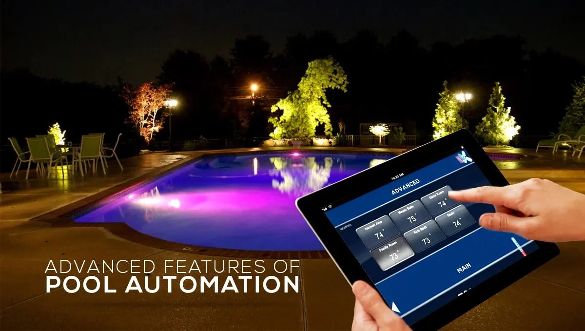 A person controlling pool automation features on a tablet, with a lit swimming pool and outdoor seating area at night.